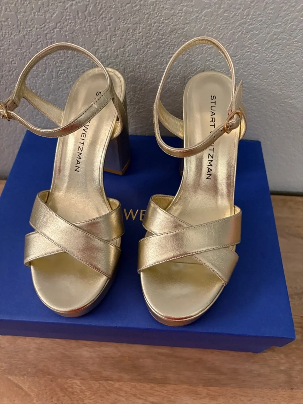 Stuart Weitzman Metallic Gold Platform Block Heel Sandals